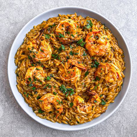 King Prawn Orzo with Tomato and Saffron - Zena's Kitchen Mediterranean Prawn Recipes, Prawn Orzo Recipes, Prawn Orzo, King Prawn Recipes, Prawn Risotto, Prawn Pasta, Saffron Recipes, Prawn Dishes, Cannellini Bean