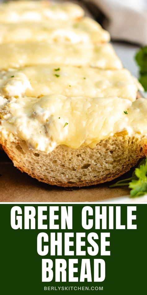 Loaf of green chile cheese bread on a baking sheet. Green Chili Cheese Toast, Green Chili French Bread, Monterey Jack Bread, Garlic Bread With Cream Cheese, Green Chili Bread, Bread Uses, Easy Breads, Green Chile Recipes, Green Chili Recipes