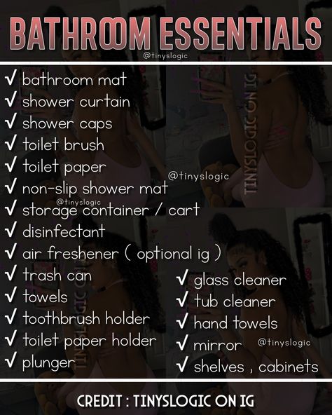 Bathroom Checklist For New Home, Bathroom Shopping List, Bathroom Nessesities List, Teen Girl Bathroom Organization, Bathroom Needs List, Aesthetic Bathroom Ideas For Teens, Apartment Decorating Baddie, Teen Girl Bathroom, Bathroom Essentials Checklist