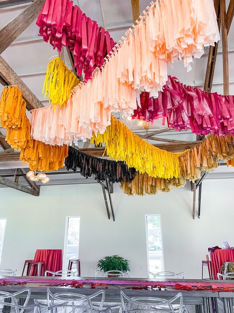 Hanging Streamers From Ceiling, Streamer Tassels, Streamer Installation, Ceiling Streamer Decorations, Streamers Ceiling, Fringe Streamers, Streamer Ceiling, Ceiling Streamers Diy, Ceiling Streamers Ideas