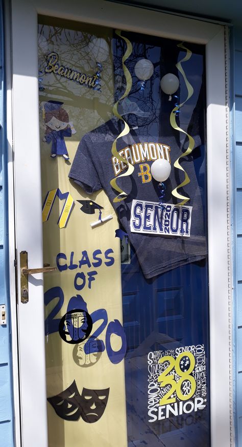 This is our front door I decorated for my senior daughter.  It is just something to do since she missed out on so many senior activities!  Everything was done with my Cricut besides the shirt.  #classof2020strong Senior Year Door Decorations, Senior Door Ideas, Graduation Wreaths For Front Door, Graduation Door Ideas, Senior Door Decorations Ideas, My Senior Daughter, Senior Class Decoration Ideas, Graduation Door Decorations, Cheer Decor