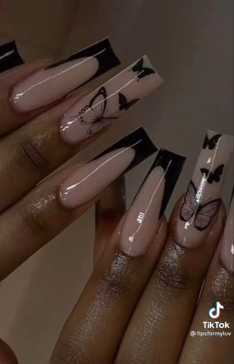 Black Prom Nails, Different Color Nails, Black Gel Nails, Black Coffin Nails, Simple Gel Nails, Colored Acrylic Nails, French Tip Acrylic Nails, Cute Acrylic Nail Designs, Short Square Acrylic Nails