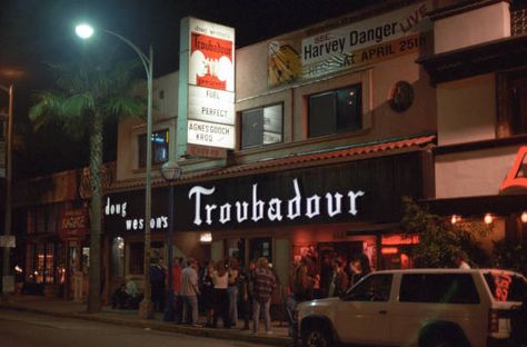 Troubadour Los Angeles, The Troubadour Los Angeles, Los Angeles Bars, Hollywood Babylon, The Troubadour, Manifesting Board, Los Angeles Architecture, Movie Board, Ca History