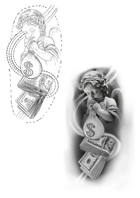 Angel With Money Tattoo, Baby Angels Tatoos, Angel Holding Money Bag Tattoo, Angel With Money Bag Tattoo, Money Tattoo Stencil, Chicano Angel Tattoo, Angel Arm Tattoo, Realism Stencil, Money Bag Tattoo Design