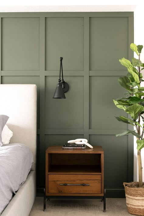 Green Bedroom Panel Wall, Green Wall Paint Colors Bedroom, Neutral Green Accent Wall, Guest Bedroom Green Walls, Guest Room Green Walls, Olive Feature Wall Bedroom, Bedroom With Statement Wall, Save Green Walls, B&b Bedroom