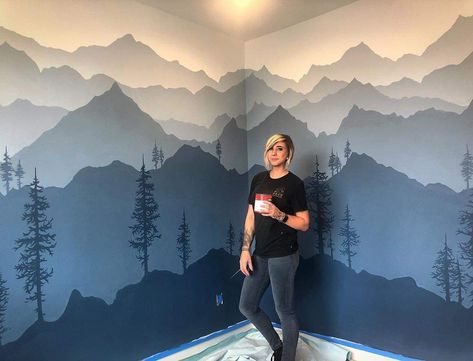 Mountain Bedroom Mural, Painted Mountains On Wall, Mountain Mural Bedroom, Boys Mountain Bedroom, Mountain Mural Nursery, Mountain Painting Simple Wall Murals, Mountain Wall, Mountain Accent Wall Nursery, Mountain Nursery Mural Diy