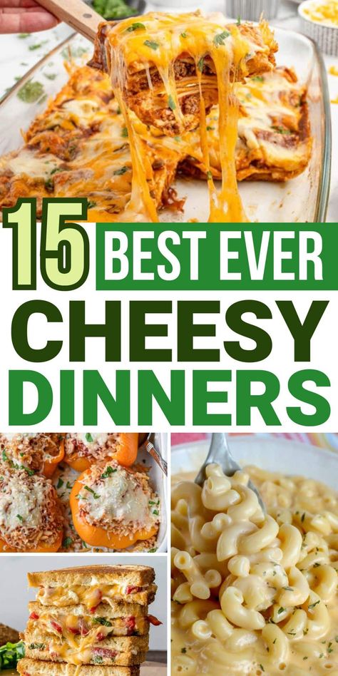 These cheesy dinners are every cheese lovers dream come true! Make one of these dinner recipes loaded with cheese when you want something comforting. This list of cheesy recipes includes mac and cheese, cheesy enchiladas, plenty of cheese-filled casseroles, queso topped tacos, and grilled cheese sandwiches. Super Cheesy Recipes, Dinners With Cheese, Cheesy Comfort Food, Recipes With Shredded Cheese, Dinner Recipes With Velveeta Cheese, Dinner Recipes With Cheese, Cheesy Dinner Ideas, Cheesy Pasta Recipes Easy, Beef And Cheese Recipes