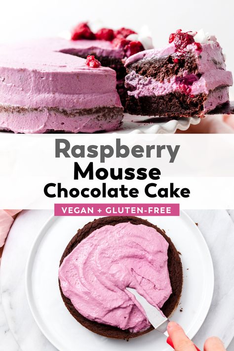 Dairy Free Chocolate Raspberry Cake, Vegan Raspberry Mousse, Gluten Free Chocolate Raspberry Cake, Vegan Chocolate Raspberry Cake, Soy Free Cake, Mousse Chocolate Cake, Baking Vegan, Raspberry Ganache, Mousse Chocolate