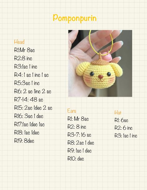 Crochet pattern Pompurin Crochet Pattern, Pompompurin Crochet Pattern Free, Crochet Cute Keychain Free Pattern, Pompompurin Crochet Pattern, Free Keychain Crochet Patterns, Pompompurin Pattern, Crochet Patterns Keychain, Crochet Keychain Free Pattern, Crochet Pattern Keychain