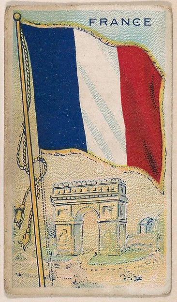 France, bakery card from the Flags series (D34), issued by the Ward-Mackey Company, Issued by Ward-Mackey Company, Commercial color lithograph France Flag Aesthetic, French Flag Aesthetic, France Bakery, Flag Of France, Historical Flags, طابع بريدي, France Aesthetic, France Flag, Flag Painting