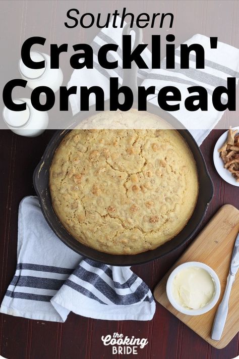 Cracklin' corn bread is a traditional Southern treat that goes back decades. Meaty pork cracklings are baked into tender yellow corn bread. Southern Crackling Cornbread, Cracking Cornbread, Cracklin Bread Recipe, Cracklin Bread, Crackling Cornbread, Cracklin Cornbread, Yellow Cornbread, Pork Rind Recipes, Recipes Using Pork