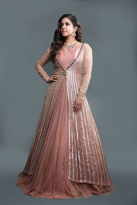 Long Gown With Jacket Indian Party Wear, Shrug With Gown Indian, Gown Designs With Jacket, Full Jacket Indian Dress, Long Dress With Jacket Wedding, Indian Sequence Dress, Lehenga With Long Shrug, Sequence Anarkali Dress, Anarkali With Shrug