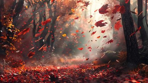 Photo falling leaves blowing in the wind... | Premium Photo #Freepik #photo Leaves Blowing In The Wind, Leaves Blowing, Blowing In The Wind, Fantasy Forest, Rainy Weather, Falling Leaves, Nature Tree, Forest Landscape, Autumn Forest