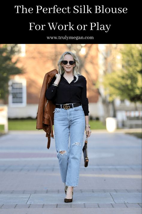 Dallas blogger wearing Lily Silk black button down blouse, Agolde 90's jeans, Sarah Flint Perfect pumps in leopard calf and gucci marmont belt. Navy Silk Blouse Outfit, Black Silk Shirt Outfit Casual, Satin Blouse Outfit Jeans, Black Satin Blouse Outfit, Black Silk Blouse Outfit, Versatile Long Sleeve Silk Blouse, Versatile Silk Long Sleeve Blouse, Classic Blue Silk Blouse, Fitted Blue Silk Blouse