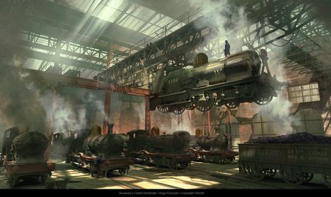 "Assassin's Creed: Syndicate" concept art by Hugo Puzzuoli Industrial Artwork, Steampunk City, All Assassin's Creed, Fallout Concept Art, Steampunk Tendencies, Environment Painting, Assassins Creed Syndicate, Medieval World, Landscape Concept