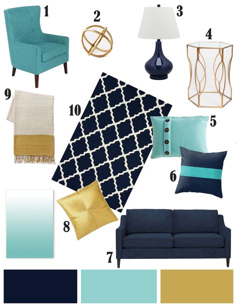 Color Inspiration: Navy, Aqua and Gold Aqua And Gold, Gold Living, Gold Living Room, Decoration Inspiration, New Living Room, A Living Room, My New Room, Blue And Gold, Room Colors