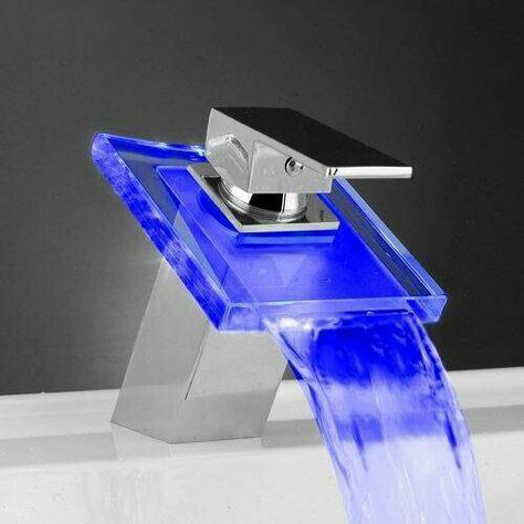 Cool Led Faucet, Bathroom Faucets Waterfall, Waterfall Faucet, Bathroom Update, Glass Bathroom, Stylish Bathroom, Bathroom Basin, Color Changing Led, Basin Mixer