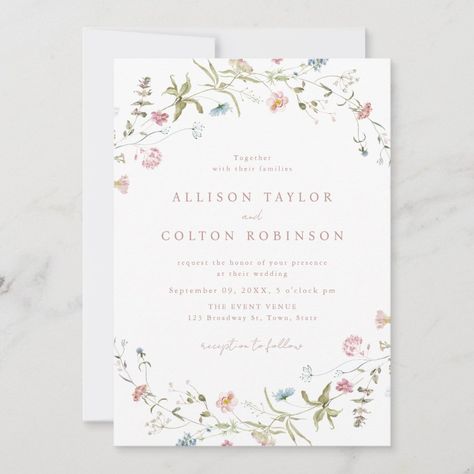 Elegant Pink Wildflower Rustic Boho Wedding Photo Invitation Zazzle Vintage Winter Weddings, Pastel Wedding Invitations, Pastel Palettes, Country Garden Wedding, Floral Wedding Stationery, Wreath Frames, Wildflower Wreath, Rustic Modern Wedding, Country Garden Weddings