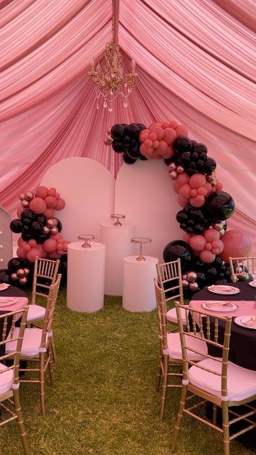 Dusty Pink Birthday Party Decor, Tent Draping Birthday, Birthday Tent Decor, Pink Outdoor Party, Rooftop Birthday Party Ideas, 40th Surprise Party, 21st Birthday Centerpieces, Pink Draping, Tent Draping