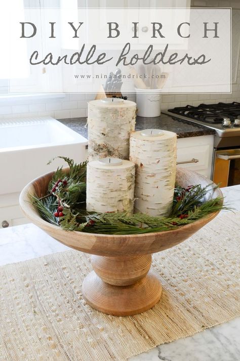 Easy DIY Birch Candle Holders Tutorial Birch Candle Holders, Natal Natural, Birch Candles, Christmas Centerpieces Diy, Diy Candle Holders, Diy Candle, Natural Christmas, Diy Centerpieces, Wooden Bowl