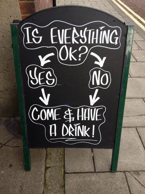 Is everything ok? Yes...No...either way, come have a drink! Funny Signs For Home, Bar Quotes, Funny Bar Signs, Sidewalk Signs, Sidewalk Sign, Sandwich Bar, Beer Quotes, Sandwich Board, Work Quotes Funny