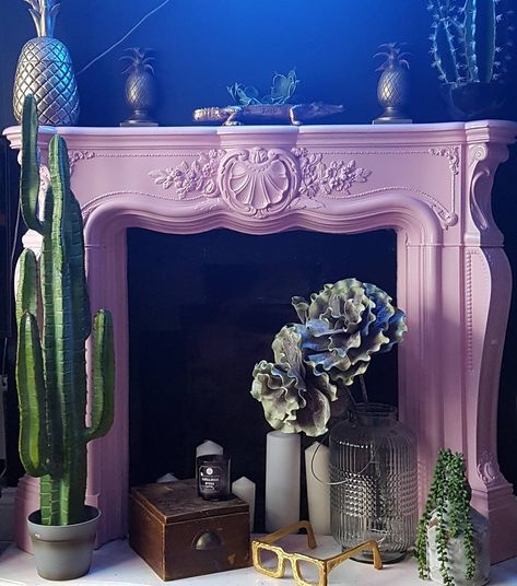 10 Colourful Fireplaces - WELL I GUESS THIS IS GROWING UP Bright Fireplace Colour, Box Mantel Pink, Pastel Fireplace, Painting Mantle Ideas, Colourful Fireplace, Coloured Log Burner, Paint Mantle, Pink Marble Fireplace Surround, Painted Mantle Ideas