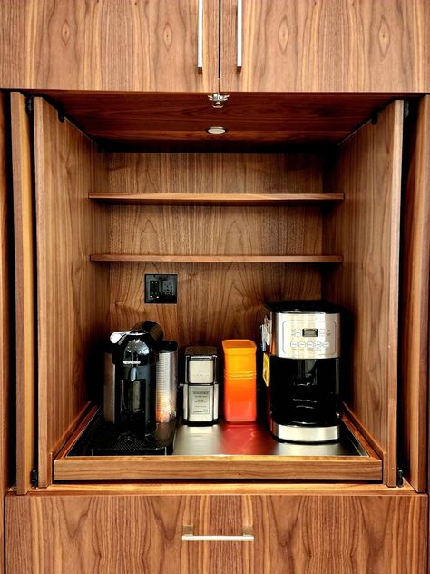 Beautiful custom millwork in a Hudson Valley New York kitchen. Recessing doors, adjustable shelves, sliding stainless steel base tray, and an interior light. Great coffee pantry station that disappears for evening entertaining and a sleek modern look. Pullout Coffee Station, Coffee Pantry, New York Kitchen, Hudson Valley New York, Custom Millwork, Coffee Bars In Kitchen, Coffee Station, Great Coffee, Custom Kitchen