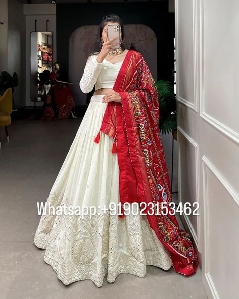 2995/- free shipping White Chikankari Lehenga Choli with Red Patola Printed Dupatta #EthnicWear #LehengaCholi #Chikankari #PatolaDupatta #IndianFashion #TraditionalAttire #BridalWear #DesiOutfit #EthnicElegance #Fashionista #CulturalFashion #IndianOutfit #FestiveFashion #WeddingWear #ElegantEthnic #StyleInspiration White Chikankari Lehenga, Kalamkari Duppata, Golden Lehenga, Chikankari Lehenga, White Anarkali, Heavy Dupatta, White Lehenga, Printed Dupatta, Blouse Hand Designs