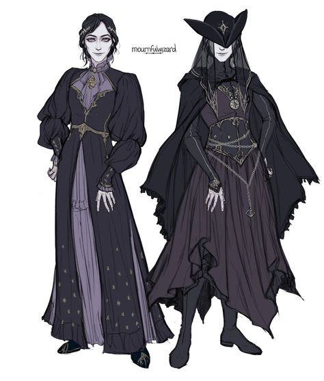 Wizard Outfit Drawing, Clothes Fantasy Design, Victorian Dnd Character, Dnd Wizard Female, Necromancy Wizard, Gothic Character Design, Victorian Character Design, Like Drawing, Witch Outfit