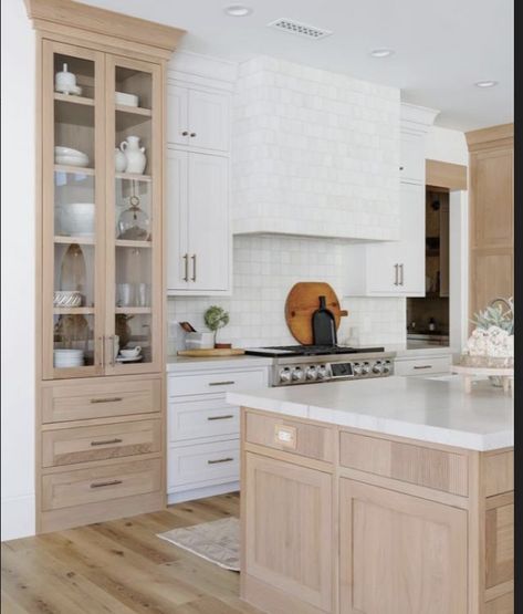 White And Natural Kitchen Cabinets, White And Oak Cabinets Kitchen, Taupe Kitchen Island White Cabinets, Taupe And White Oak Kitchen, Asymmetrical Kitchen Cabinets, Light Wood And White Kitchen Cabinets, White Oak Lower Cabinets White Upper, Wood Lowers White Upper Cabinets, Wood And Cream Kitchen Cabinets