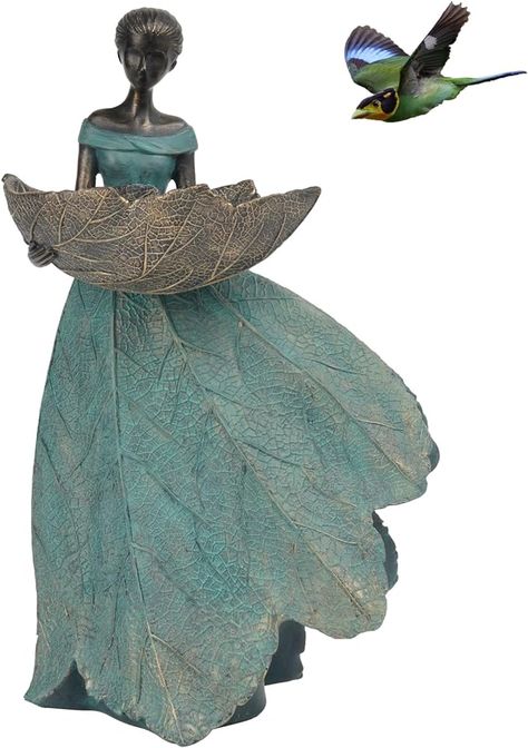 Statues For Garden, Unique Bird Baths, Women Statue, Bird Feeder Gift, Bird Feeder Garden, Unique Bird Feeders, Fairy Village, Fairy Statues, Outdoor Living Decor