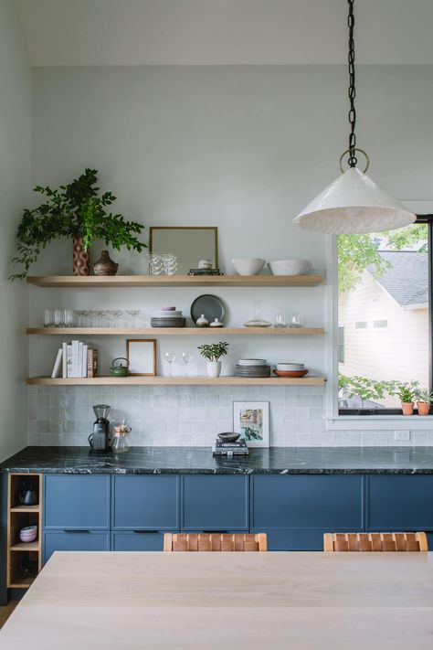 Cabinet Refresh, Oak Trim, Blue Kitchen Cabinets, Popular Kitchens, Have A Lovely Weekend, Blue Cabinets, Emily Henderson, White Subway Tile, Room Additions