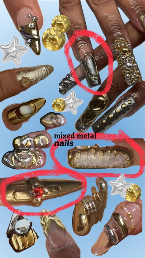 Mixed Metal Nail Art, Mixed Metals Nails, Nail Art Maximalist, Mixed Metal Nails, Maximalist Nails, Nessa Nails, 27 Birthday, Metal Nails, Junk Nails