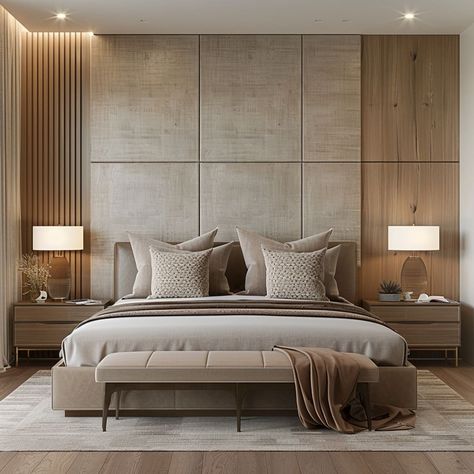 Extended Headboard Bedroom, Neutral Color Bedroom Aesthetic, Master Bedrooms Modern Cozy, Small Bedroom Ideas Neutral Colors, Modern Master Suite Ideas, Hotel Looking Bedroom, Master Bed Room Decor And Layout Ideas, Master Room Design Modern, Small Bedroom Colour Schemes