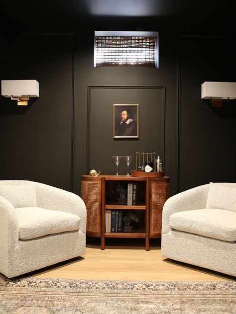 What you need to know before you paint a room all black - Stefana Silber All Black Room, Basement Media Room, Bourbon Room, Painted Interior Doors, Interior Window Shutters, Black Paint Color, Upholstered Swivel Chairs, Black Room, Room Paint Colors