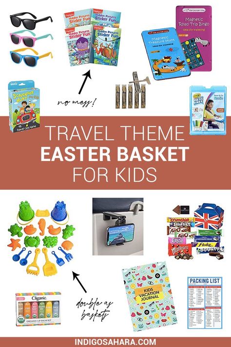 These travel Easter basket gift ideas are genius for a travel themed Easter basket! Packing List Kids, Easter Basket Gift Ideas, Easter Basket Themes, Road Trip Bingo, Basket Gift Ideas, Creative Easter Baskets, Travel Packing Checklist, Easter Basket Ideas, Kids Vacation