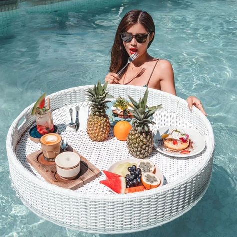 Floating Breakfast Photoshoot, Pool Basket, Pool Breakfast, Rattan Placemat, Floating Breakfast, Pool Drinks, Chemex Coffee, Bali Itinerary, Drink Storage