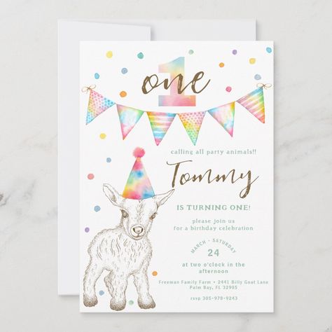 Goat Watercolor, Calling All Party Animals, Watercolor Party, Baby Goat, 1st Birthday Party Invitations, Party Animals, Party Animal, 6th Birthday Parties, 1st Birthday Invitations