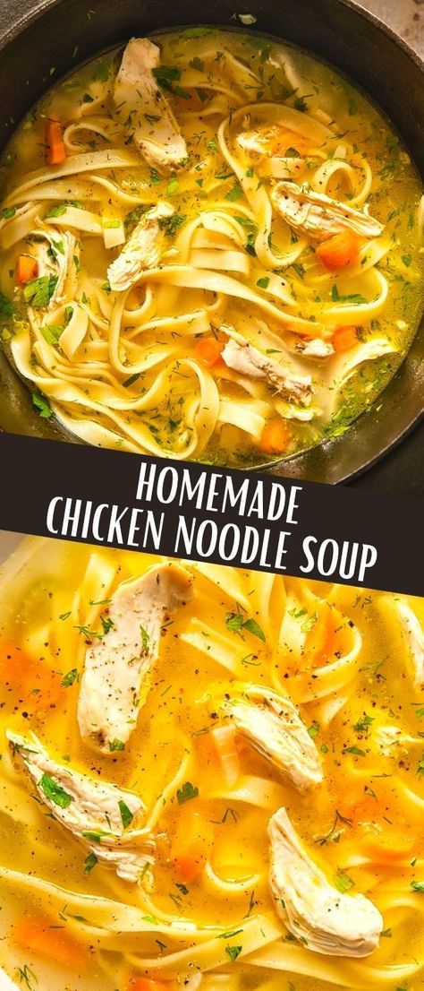 Homemade chicken noodle soup is one of the easiest and most comforting dishes out there! Making it entirely from scratch is so easy. The taste is definitely in the broth. Chicken Noodle Soup From Leftover Whole Chicken, Homemade Chicken Noodle Soup With Whole Chicken, Chicken Noodle Soup Small Batch, Homade Chicken Noodle Soup Homemade, Small Batch Chicken Noodle Soup, Wawa Chicken Noodle Soup Recipe, Chicken Noodle Soup Homemade Stove Top, Homemade Chicken Soup From Scratch, Fast Chicken Noodle Soup