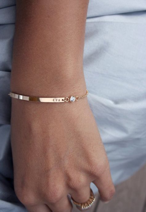 These Beautiful, Personalized Pieces of Jewelry Make the Perfect Mother's Day Gift Nameplate Bracelet, Gold Bar Bracelet, Cz Bracelet, Gold Armband, Birthstone Bracelets, Baby Birth, Bar Bracelets, Diamond Bracelets, Suho