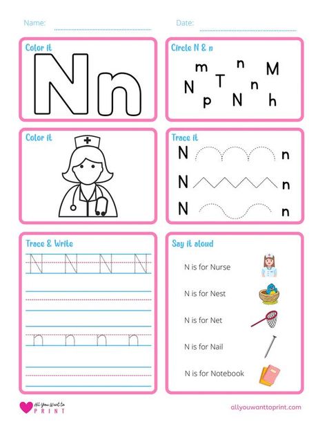 N Phonics Activities, Letter N Activity For Preschoolers, Letter N Worksheets For Kindergarten, Letter N Activities For Kindergarten, Letter N Worksheets For Preschool, Letter N Craft, Alphabet Exercise, Letter N Activities, Letter N Worksheet