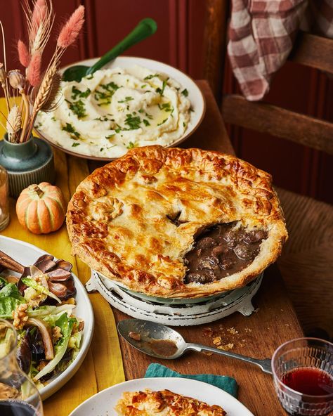 As the weather has taken a sharp swerve into Autumn, I feel it’s time to go ALL IN on the cosy; I’m talking layers, I’m talking fireside books, I’m talking PIE. This comforting harvest menu, featuring a roasted cauliflower and chestnut soup (with a blue cheese sodabread!), rich and flaky venison pie, and a decadent flourless chocolate cake with fruit compote, is the perfect thing to celebrate the change of season. Loved shooting these with the talented team: Recipes and food styling: @mei... Chocolate Cake With Fruit, Venison Pie, Harvest Menu, Chestnut Soup, Banana Crumble, Stewing Steak, Cake With Fruit, Chocolate Fruit Cake, Venison Meat