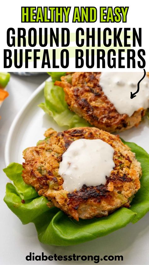 Serve up these easy ground chicken buffalo burgers. These are healthy and easy to make and full of flavor in each bite. Serve on lettuce for a lighter version, or your favorite bun. Dinner never tasted so good. Healthy Bunless Burger, Buffalo Chicken Burgers, Ground Chicken Burgers, Chicken Buffalo, Buffalo Burgers, Bunless Burger, Healthy Low Carb Dinners, Healthy Burger, Chicken Patties