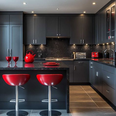 11+ Bold Red Dark Kitchen Ideas for a Dramatic Effect • 333+ Inspiring Lifestyle Ideas Dark Red Kitchen, House Manifestation, Dark Kitchen Ideas, Black Marble Floor, Red Backsplash, Black Kitchen Countertops, Red Bar Stools, Inspiring Lifestyle, Red Cabinets