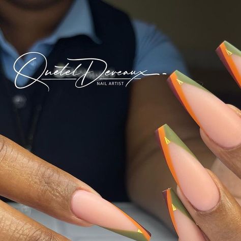 Olive Green And Burgundy Nails, Olive Green Matte Nails Design, Sage Green And Orange Nails, Olive Green And Orange Nails, Green And Orange Nail Designs, Orange And Green Nail Designs, Green And Orange Nails, Orange And Green Nails, Olive Green Nails