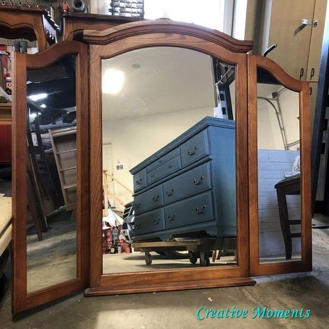 Dresser And Mirror Makeover, Dresser With Mirror Makeover, Dresser Mirror Repurposed, Duck Egg Blue Dresser, Tri Fold Mirror, Bar Stool Makeover, Rocking Chair Makeover, Picture Frame Wainscoting, Antique Rocking Chairs