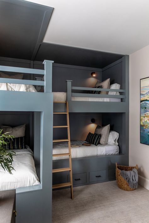 Summer View — Kimberly Parker Design Bunk Bed Game Room, Corner Bunk Room Ideas, Boys Bunk Room Ideas, Small Space Bunk Room, 4 Built In Bunk Beds, 4 Bunk Beds Built Ins, L Shaped Bunk Room, Queen Size Bunk Beds Built Ins, Small Bunk Room