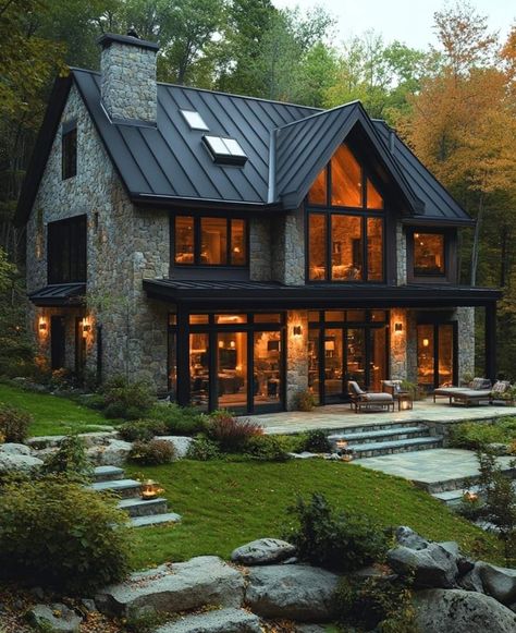 Black Metal Roof, Farmhouse Vibes, Creek House, Recipes From Scratch, Construction Ideas, Lake Cabins, Post And Beam, By The Lake, House Exteriors