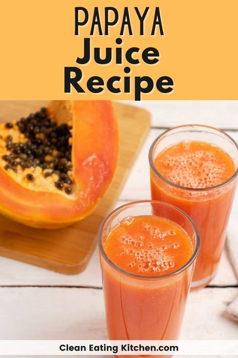 Papaya Juice tastes like a trip to a tropical island! It's naturally sweet and thick and is excellent for improving digestion. Learn how to make this delicious Papaya Juice using a blender. Papaya Juice Recipe Healthy, Juicing Papaya Recipe, Papaya Juice Recipe, Papaya Drink, Inflammatory Drinks, Juices Recipes, Papaya Benefits, Papaya Juice, Papaya Recipes