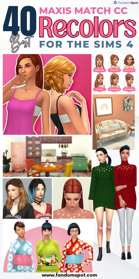 Add these cute recolored objects & outfits into your next TS4 session! This list includes all maxis match design (obviously) with CC that's base-game compatible and a few from expansion packs. Sims 4 Maxis Match Recolor, Sims 4 Functional Cc Maxis Match, Sims 4 Base Game Recolor, Sims 4 Recolors Base Game, Sims 4 Cc Recolor, Unnatural Hair Color, Maxis Match Cc, Match Design, For The Record